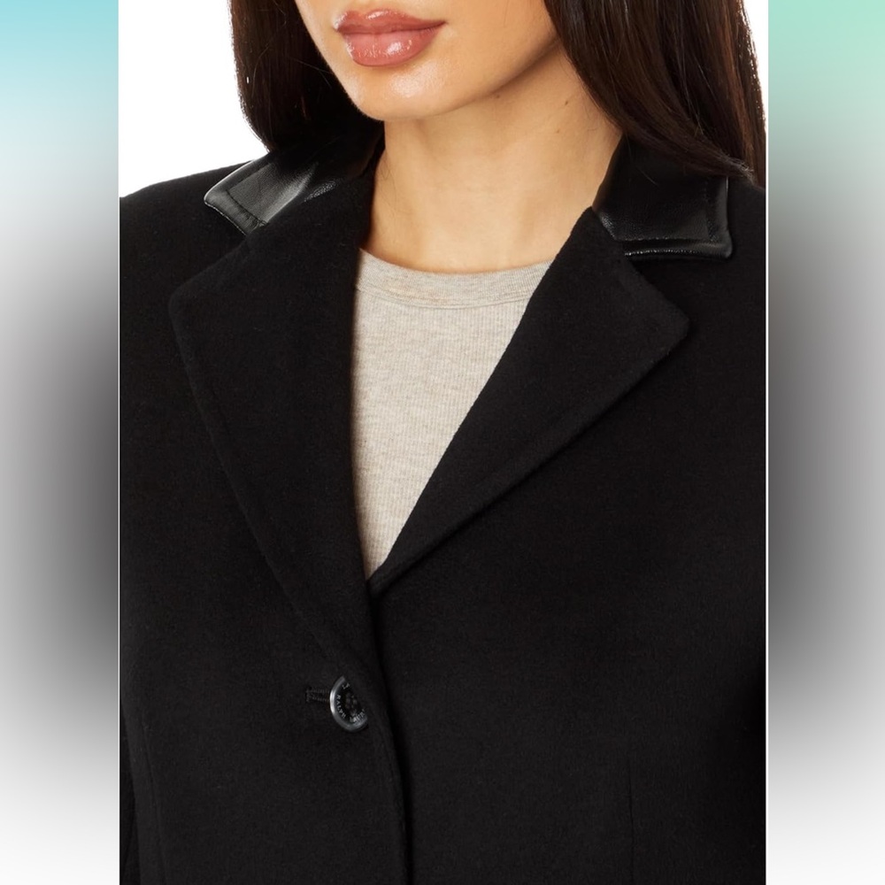Lauren Ralph Lauren Double-Breasted Coat 14 | Faux-Leather Trim Wool Blend - Picture 3 of 14